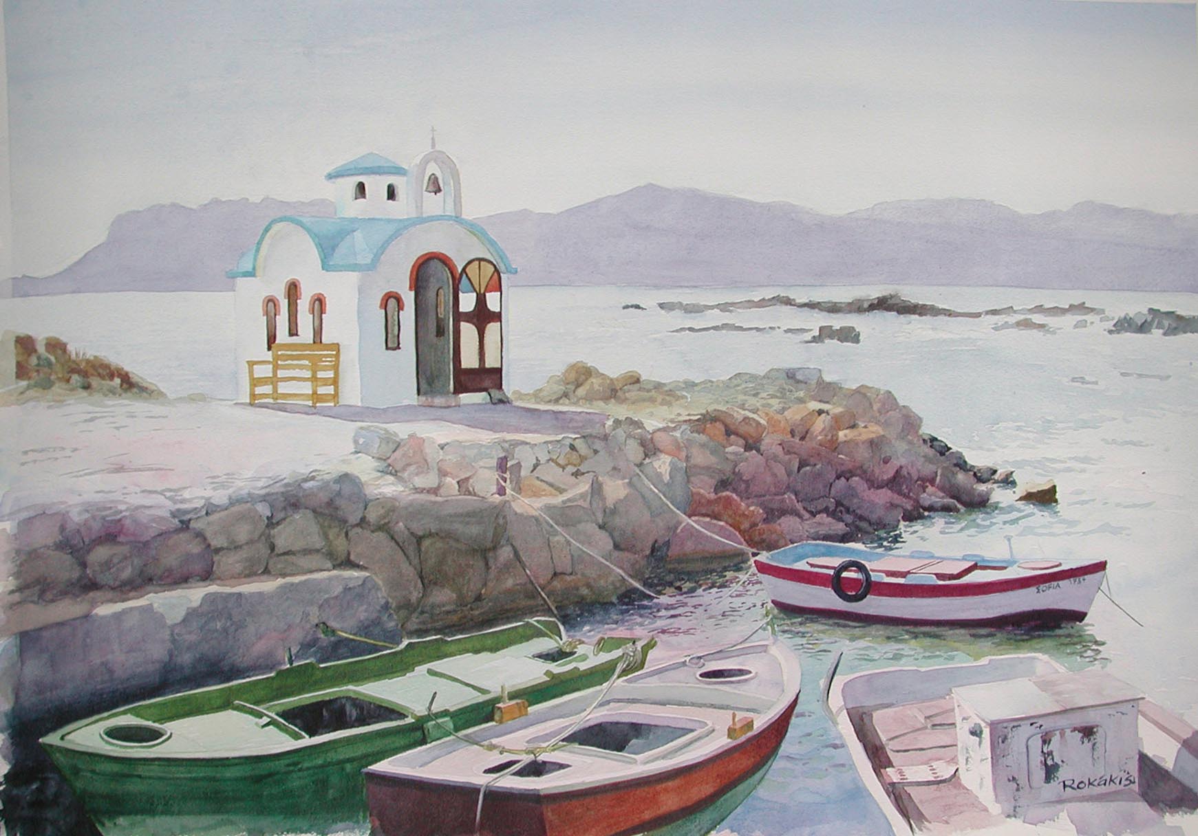 Watercolor of the harbor near Kalamaki Beach by Andy Rokakis